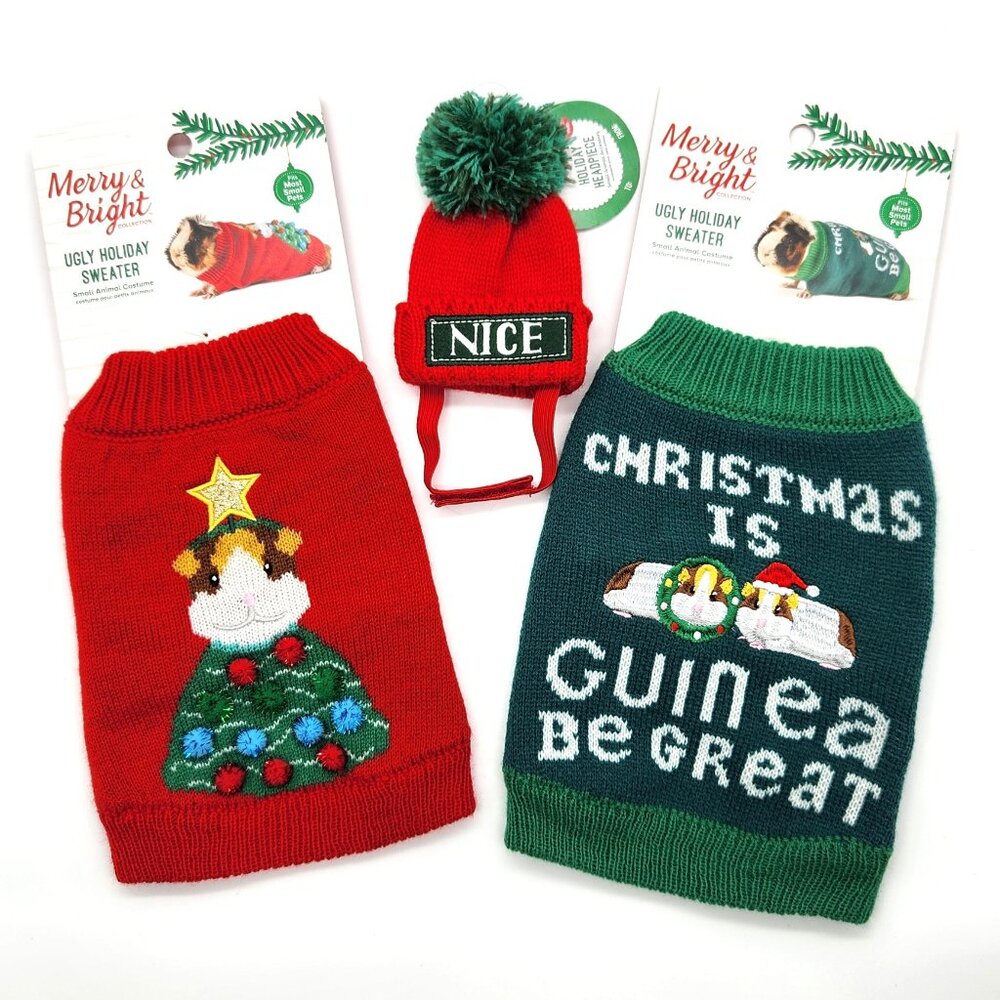 Merry & Bright Small Pet Ugly Holiday Sweater Bundle w/Headpiece
